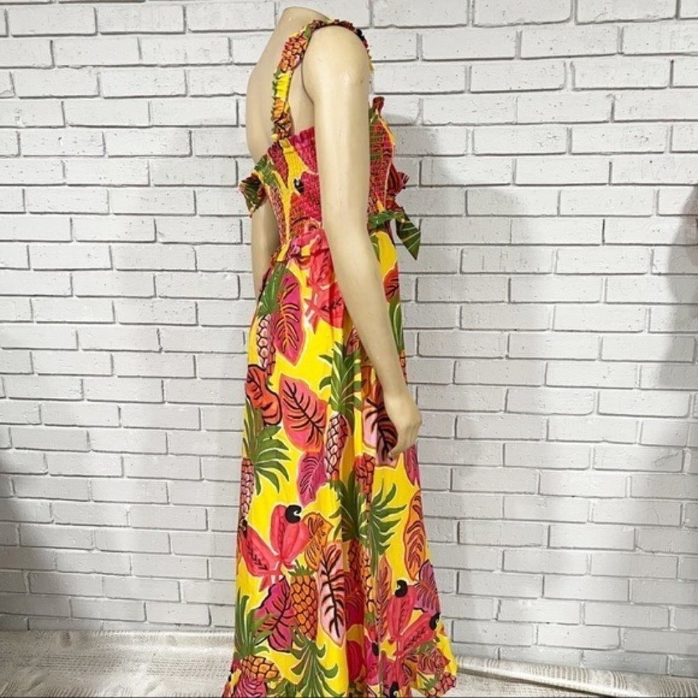Farm Rio Yellow Tropical Pineapple Parrot Smocked Maxi Dress | Size Small - Picture 7 of 16